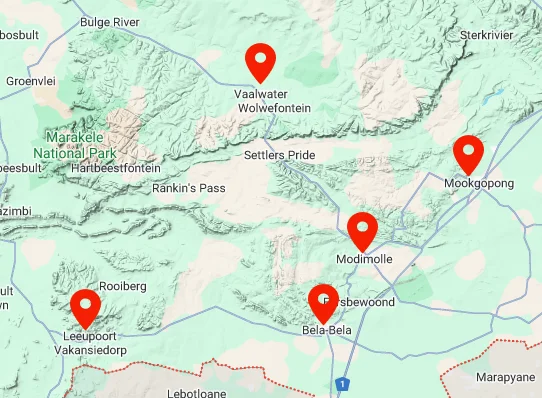 A photo of a map of the Waterberg District in Limpopo with pin drops on the service areas Nylstrom Pest Control service.